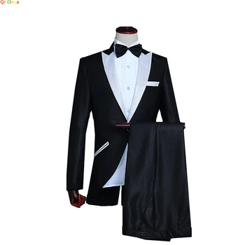 Черен лястовича опашка костюм две части мъже мода тънък годни рокля яке и панталони един бутон V ревера нетактичност палто панталон XXL