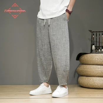 Мъже харем панталони японски стил джогъри сив шнур изрязани панталони мъже 2023 лято хлабав улично облекло памук ежедневни панталони мъж