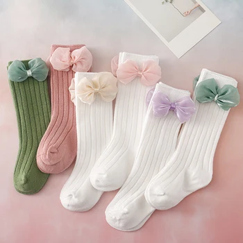 Бебешки чорапи за момичета Малко дете Сладък Bowknot Против хлъзгане Сладък Чорапи в средата на прасеца Есен Зима Топли детски чорапи 0-5Years