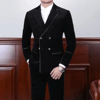 Black Velvet Men Suits Chic Notch Lapel Double Breasted Male Blazer with Pants Smart Casual Wedding Tuxedo 2 Piece Slim Fit