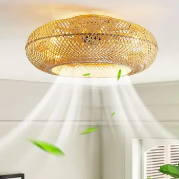 Вентилатор на тавана със светлина и дистанционно управление Ръчно тъкан ратан бамбук в клетка таванен вентилатор с LED светлини за спалня кухня