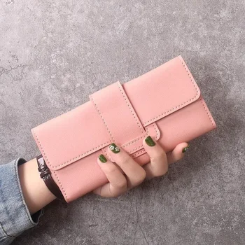 Чанта жена дълго проста студентка мода три пъти флип клапа малка прясна чанта многофункционална катарама карта чанта женски