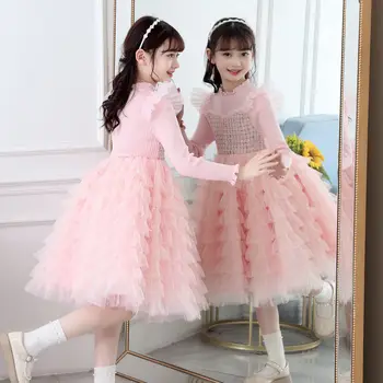 Момичета' и есен Нова модерна принцеса рокля руно облицована детски рожден ден пуловер пола облекло пролет детски дрехи