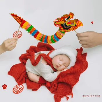 Новородено фотография дрехи Нова година облекло тематични шапка боди шал 3бр/комплект колоритен дракон снимка prop бебе фестивал облекло