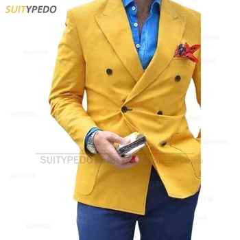 2023 Най-новите жълти мъже яке Ежедневни дейности Моден блейзър Вечерна вечеря Мъжки елегантни костюми Класически връх ревера палто