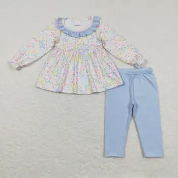 на едро детски дрехи гореща продажба нов продукт цветни цветя Синя дантела дълъг ръкав панталон костюм за бебе момичета дрехи