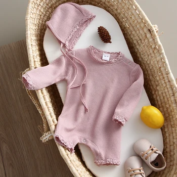 Бебе бебе момиче дрехи комплект новородено памук твърди гащеризон 2бр гащеризон + шапка екипировки пролетта бебе момче момиче облекло 0-2Y