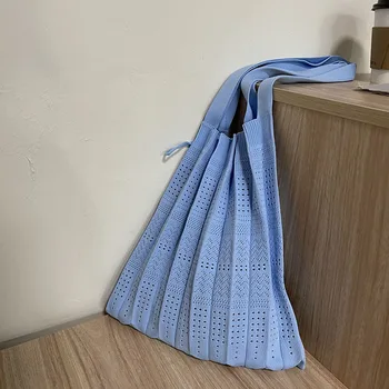 Плетена куха мрежа бръчки проста чанта Япония и Южна Корея Ins мода рамо чанти кофа мъкна женски чанта за дами