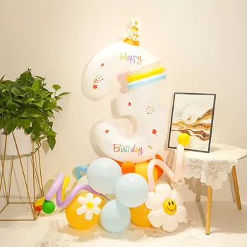43бр Комплект балони с цветя Daisy 32inch 1-9 бяла цифрова балонна кула за деца Честит рожден ден парти декорация DIY занаяти доставка