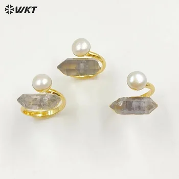 WT-MPR065 Красива енергия кристал Helkimon блясък диамант Кварцов камък пръстен с перла за жени късмет уникален дизайн