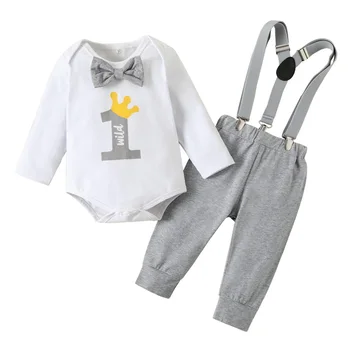 Малко дете момче официално облекло номер печат дълъг ръкав гащеризон и еластични панталони с жартиера рожден ден дрехи