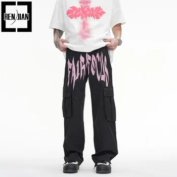 Модни торбести карго дънки с големи джобове Loose Fit Y2K стил хип-хоп дънкови панталони Streetwear отпечатани извънгабаритни панталони