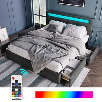  легло рамка кралица размер, тапицирана платформа легло рамка с 4 чекмеджета за съхранение и LED светлини & регулируема табла, без кутия пролетта