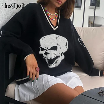 InsDoit Готически Harajuku черен пуловер жени улично облекло пънк печат дълъг ръкав хлабав пуловер есен естетически модни върхове 2021