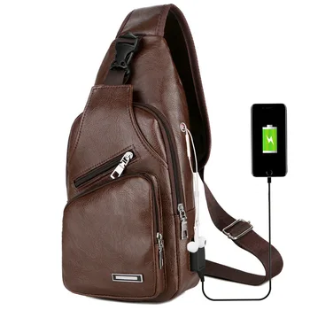 Ретро USB зареждане гърдите чанта мъже ежедневно регулируеми едно рамо чанти човек реколта Pu кожа Crossbody чанта със слушалки дупка горещо