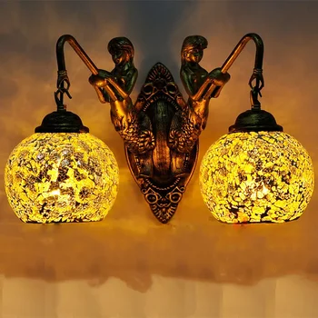 Турция Творчески стена лампа ръчно изработени смола две русалки ретро дома декор за бар кафе трапезария стая коридор LED осветителни тела