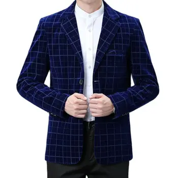 New Men Gold Velvet Suit Jacket Black / Blue Fashion Luxury Men's Business Social Wedding Party Dress Coat Slim Fit Plaid Blazer