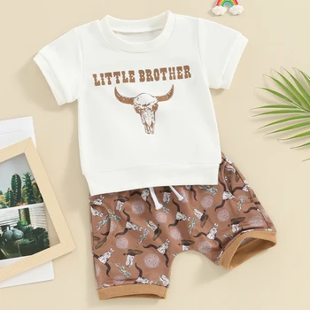 Baby Boy Western Clothes Toddler Summer Outfit Cow Print Тениска с къс ръкав Casual Cowboy Shorts Set