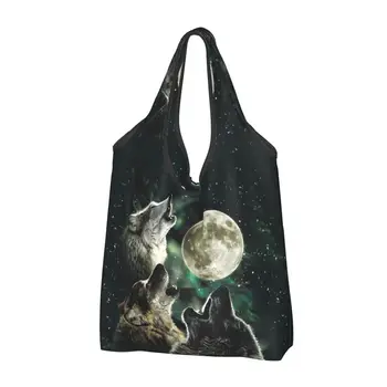 Custom Three Wolf Moon By Antonia Neshev DecalGirl Shopping Bags Women Portable Large Capacity Grocery Shopper Tote Bags