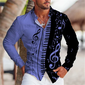 2023 Модна мъжка риза Музикална бележка 3D печат ревера бутон отгоре дълъг ръкав риза облекло удобни S-6XL