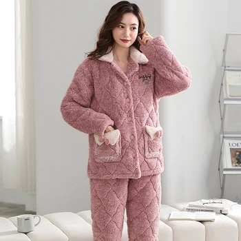Удебелена фланела дамска пижама жилетка сладък лък декоративен джоб за топлина и комфорт Коралова кадифена дамска пижама