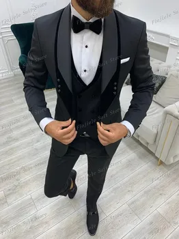 Нов мъжки костюм младоженец Groomsman сватбено парти бизнес официален смокинг 3 парче комплект яке жилетка панталони D25