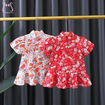 Ретро бебе момиче летни рокли бутер ръкави китайски стил малко дете детски дрехи Cheongsam детски костюм 0 до 3 години