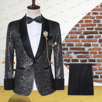 Класически черни флорални тънки костюми по поръчка мъжки костюми 2023 сватбени костюми за младоженеца смокинги 2 броя шафери костюми кум