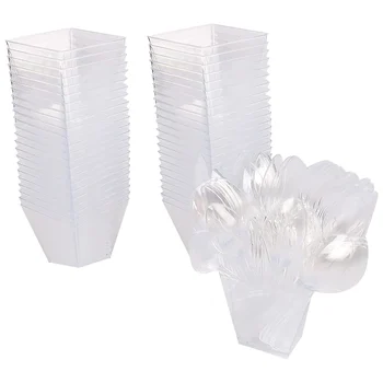 Опаковка от 50 десертни чаши с лъжици 60Ml Комплект десертни купи DIY пластмасови десертни чаши за многократна употреба Комплект трапецовидни чаши за многократна употреба