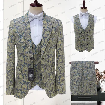 Луксозни жакардови мъжки костюми Сватбен младоженец Смарт Casual Fashion Peak Lapel Slim Fit мъжки костюм 3 части (Blazer + Vest + Pants) 2024