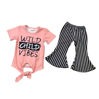 Бутиков розов Западно детско облекло Къси ръкави Черно бяло райе Bell долни панталони момичета комплекти