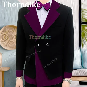 Thorndike Trend Style Сватба младоженец костюм Двойна редка случайни черен смокинг шевове раиран костюм 2-парче костюм