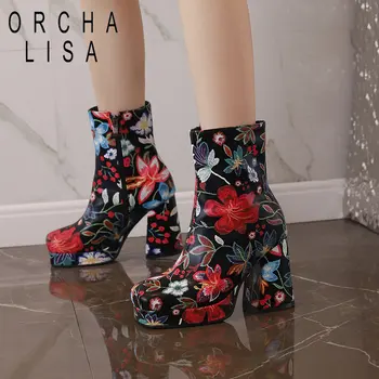 ORCHA LISA мода жени глезена ботуши квадратни пръсти буци токчета 8 см платформа 2 см цвете цип плюс размер 47 48 Случайни Daily Bota 33