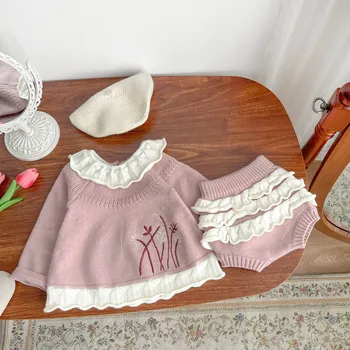 бебешко облекло корейски стил 2024 пролет и есен момичета трикотажни дантела яка пуловер разрошени шорти сладък случайни две части комплект