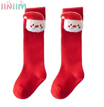 Бебе момичета момчета Коледа тръба чорапи 3D Дядо Коледа коледно дърво декорация разтеглив топло коляното дължина чорапи за Нова година парти