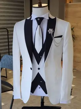 3 бр. SWhite костюм Homme мъже костюми черен връх ревера сватба смокинг Terno Masculino абитуриентски младоженец lim годни блейзър комплекти за мъжки