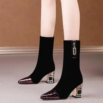 Дамски ботуши на висок ток есенни чорапи ботуши дамски модни обувки с цип на висок ток със заострени пръсти