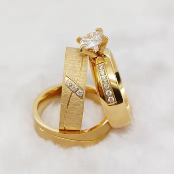 Дизайнер Африкански cz диамантено обещание сватбени годежни пръстени комплекти за двойки любов 18k позлатени пръстени от неръждаема стомана бижута