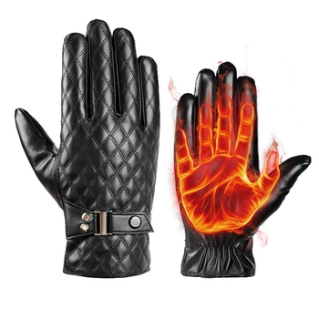 1 чифт британски стил диамантени шевове пълен пръст черни ръкавици за езда мъже PU кожена ръкавица зимата топло докосване екран ръкавици