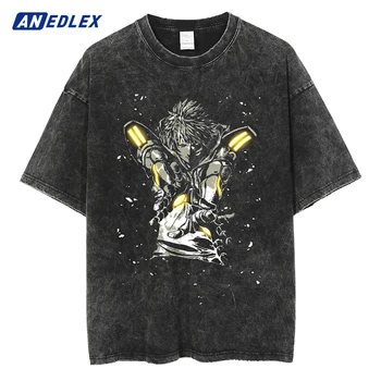 Fashion Summer Men T-shirt Vintage Japanese Anime Graphic T-shirt Washed Oversize T-shirt Harajuku Streetwear Tees Top Black