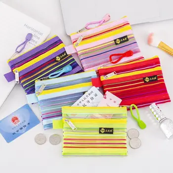Rainbow Clear Mesh монета чанта двоен слой пачуърк куха мрежа грим чанта корейски стил прост мини прозрачен чанта за съхранение