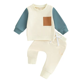 Малко дете бебе момче есен зима цвят блокирани дрехи комплект дълъг ръкав суитчър панталони просто дрехи комплект