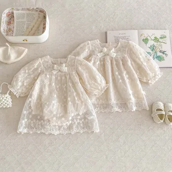 Есен Kid момиче рокля бебе момиче бяла дантела украсени дълъг ръкав гащеризон или рокля момиче гащеризон бебе дрехи 0-3 години