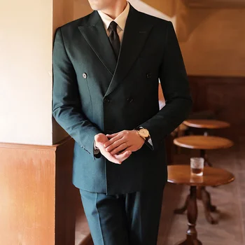 New High Sense (костюм + панталони) Мъжка мода бизнес ревера яка двуцветен текстура плат двуреден джентълмен сватбен костюм