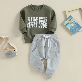 Baby Toddler Boys Fall Winter Outfits Little Dude Letter Printed Long Sleeve Sweatshirts Pants 2Pcs Clothes Set