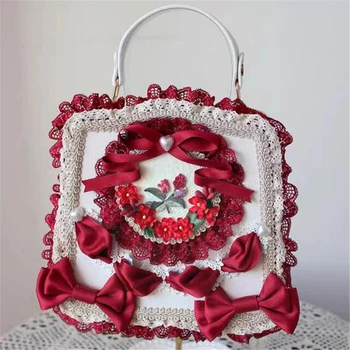 Сладки розови чанти за жени Лолита дантела лък рамо чанта сладки момичета PU Crossbody чанта Kawaii рамо чанта Bolso