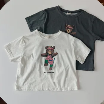 2023 Летни нови бебешки тениски с къс ръкав Сладък карикатура мечка печат малко дете върховете памук бебе хлабав случайни T риза деца Tee