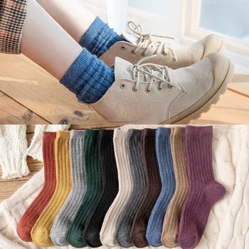 1 чифт ново пристигане зимни дебели топли вълнени дамски чорапи плътен цвят ежедневни чорапи щастливи смешни чорапи ретро Mid-tube чорапи ботуши чорап