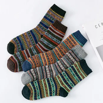 5 чифта / Лот Висококачествени бизнес мъже вълнени чорапи Сгъстяване на мъжки чорапи Топло ретро национален стил Малък квадрат за ботуши за сняг Ново
