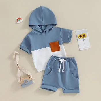 Малко дете бебе момче летни дрехи контраст цвят къс ръкав качулка върховете и участък шорти бебе момче екипировка комплект